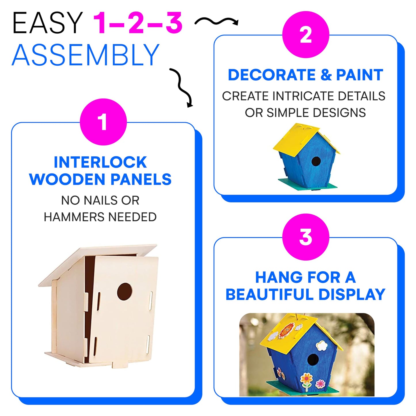 Neliblu 2 Pack Birdhouse Kits for Kids - 6.1 x 5.9 x 3.0 - DIY Craft and Garden Decoration, Pre-cut, Easy to Assemble for Birdwa