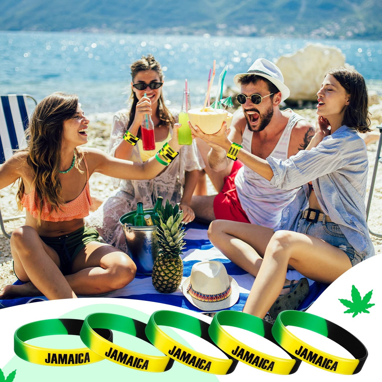 Leitee Jamaican Silicone Bracelet Bulk Black Yellow Green Rubber Wristband For Men Women Jamaican Birthday Party (100 Pcs)
