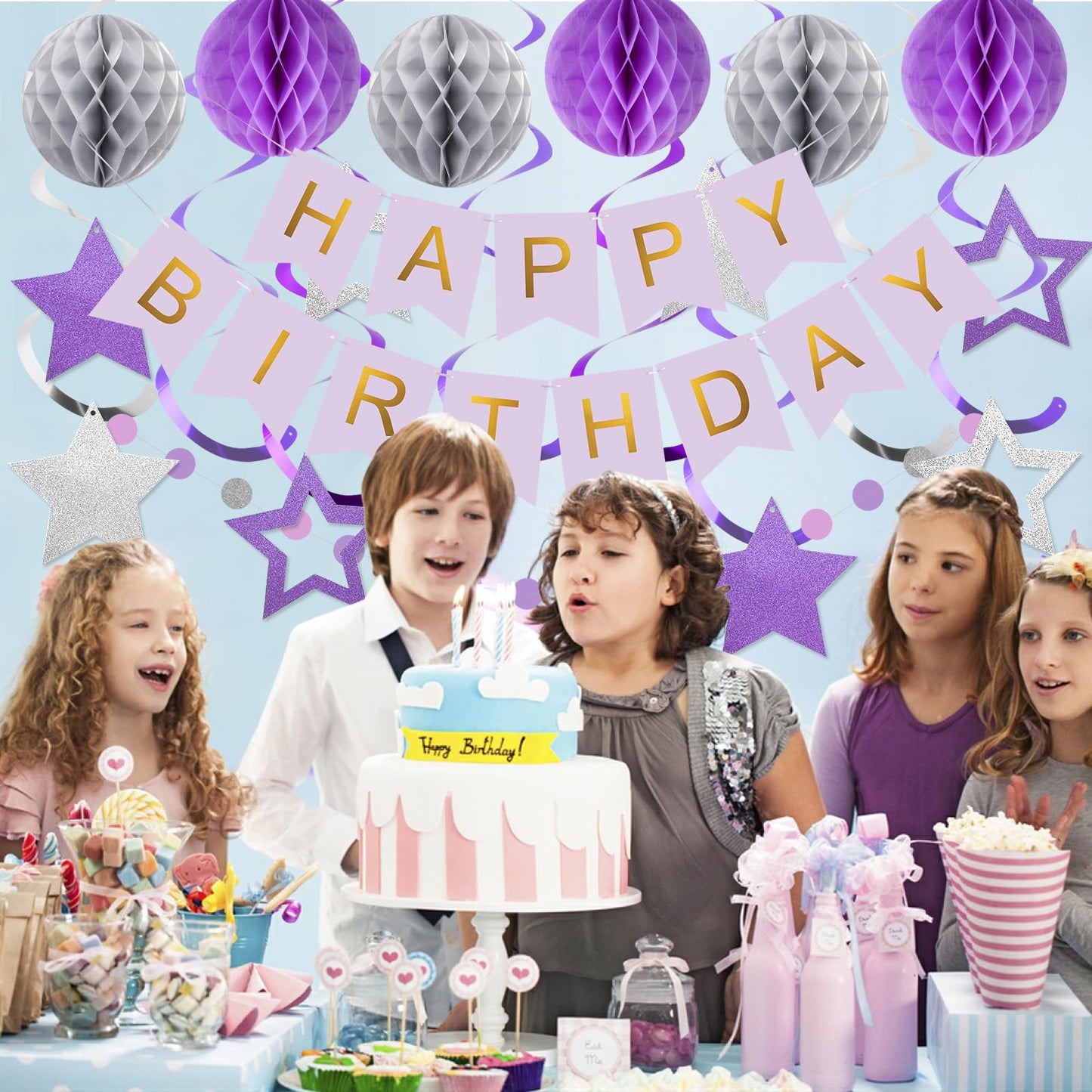 meowtastic Birthday Decorations, Happy Birthday Banner with Honeycomb Ball, Star Hanging Swirl Streamer, Circle Dot Garland, Hap