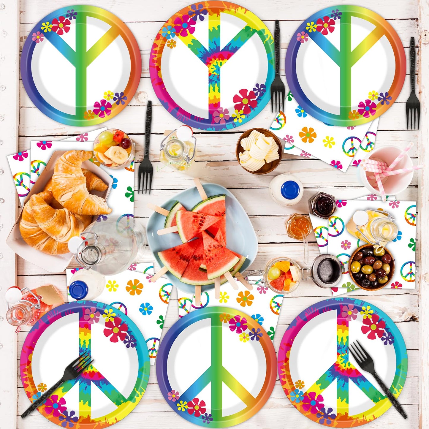 96 Pcs 60'S Hippie Party Supplies For 24 Guests Groovy Tie Dye Birthday Tableware Set Plates Napkins Retro Peace Sign Flower Party Decorations For Girls Carnival Baby Shower Party Favors