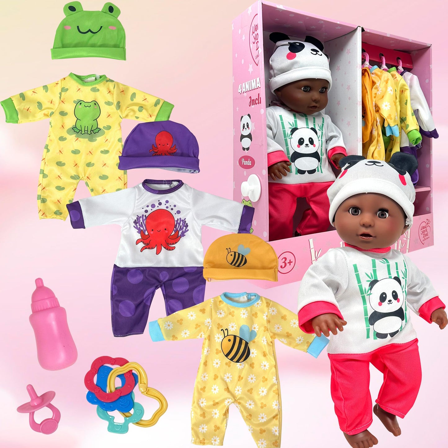 Soft Body Baby Doll With Accessories & 4 Sets Of Animal Outfits, Realistic Baby Doll With Clothes & Toys, 14 Inch Baby Doll Play Set Wardrobe Closet, Baby Dolls For Girls, Gift For 3 4 5 Year Old