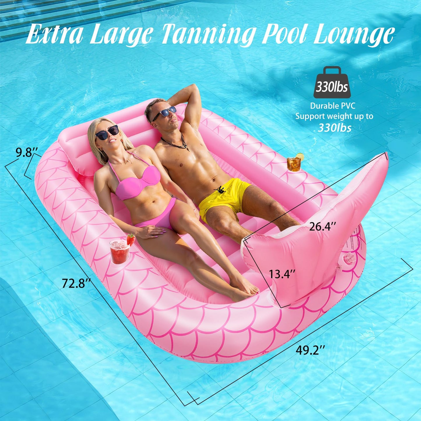 Heysplash Inflatable Tanning Pool Lounger Float, 72.8 * 49.2' Inflatable Ride-Ons Pool Rafts Swimming Pool Float, Summer Beach Party Swimming Floaty Bed Floatie Pool Toys