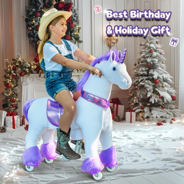 PonyCycle Unicorn Ride-On for Kids, Purple, Size 5 (Ages 7-12), 42.5" Height, with Brake, Plush Walking Animal Toy