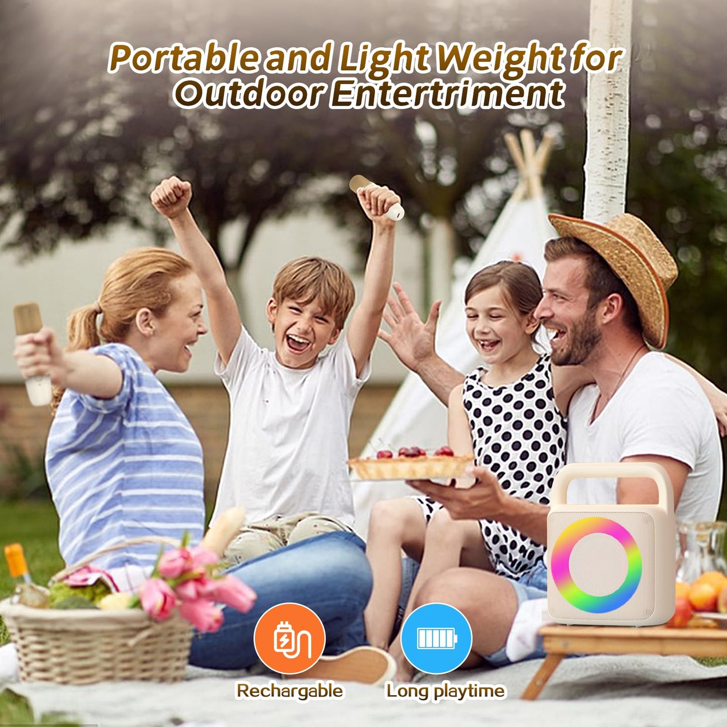 Meguo Karoke Machine With 2 Wireless Mics,Portable Karaoke Microphone Toys With Colorful Lights And Magic Voices For Camping Par