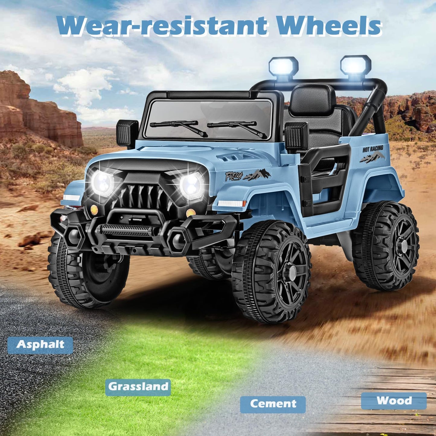 Olakids Ride On Truck, 12V Battery Powered Electric Vehicle For Kids With Remote Control, Bluetooth, Power Display, Led Lights, Music Player, Ride On Toy For 3+ Boys Girls (Blue)