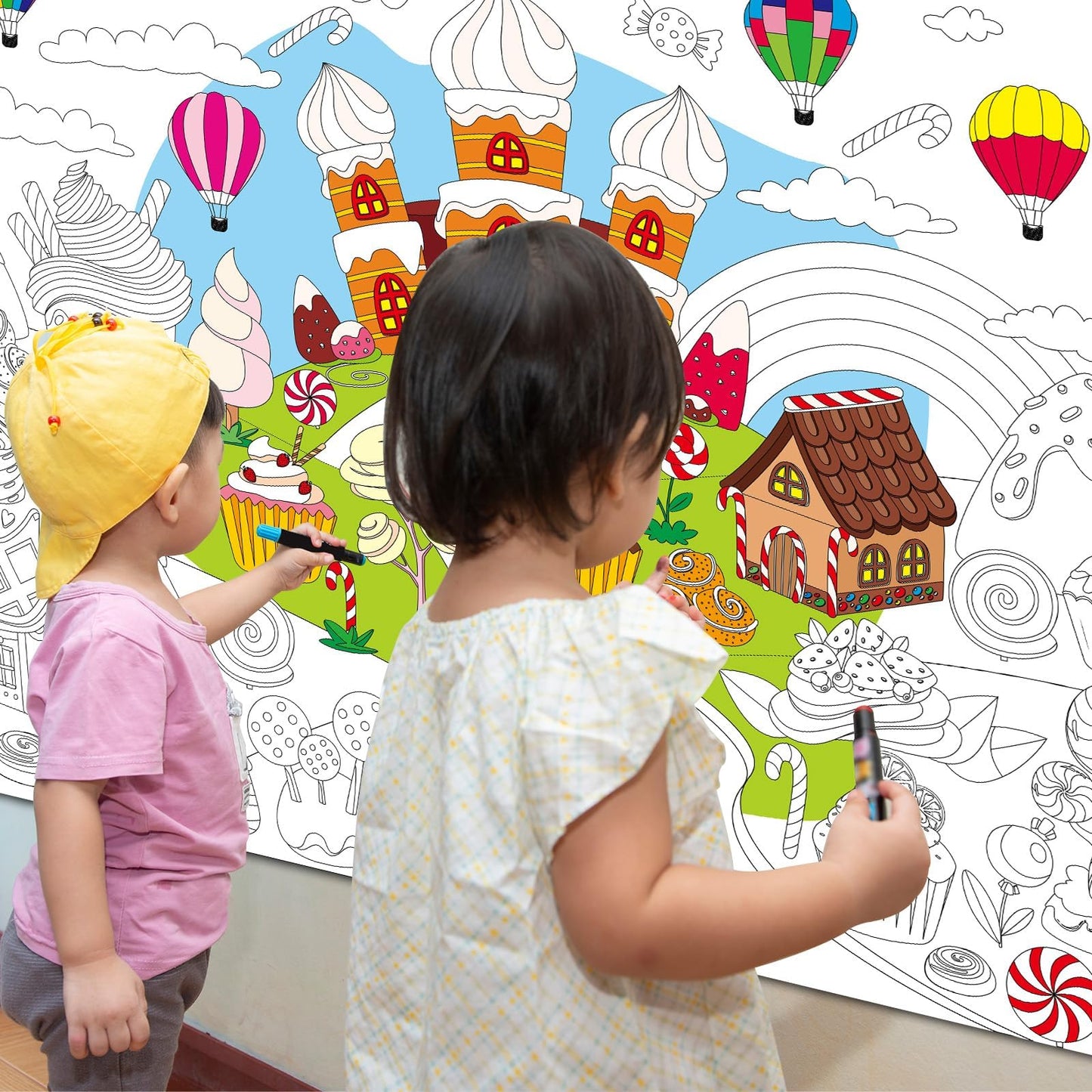 Naozinebi Candyland Coloring Poster For Kids Giant Coloring Poster Large Cartoon Rainbow Lollipop Coloring Tablecloth Jumbo Colo