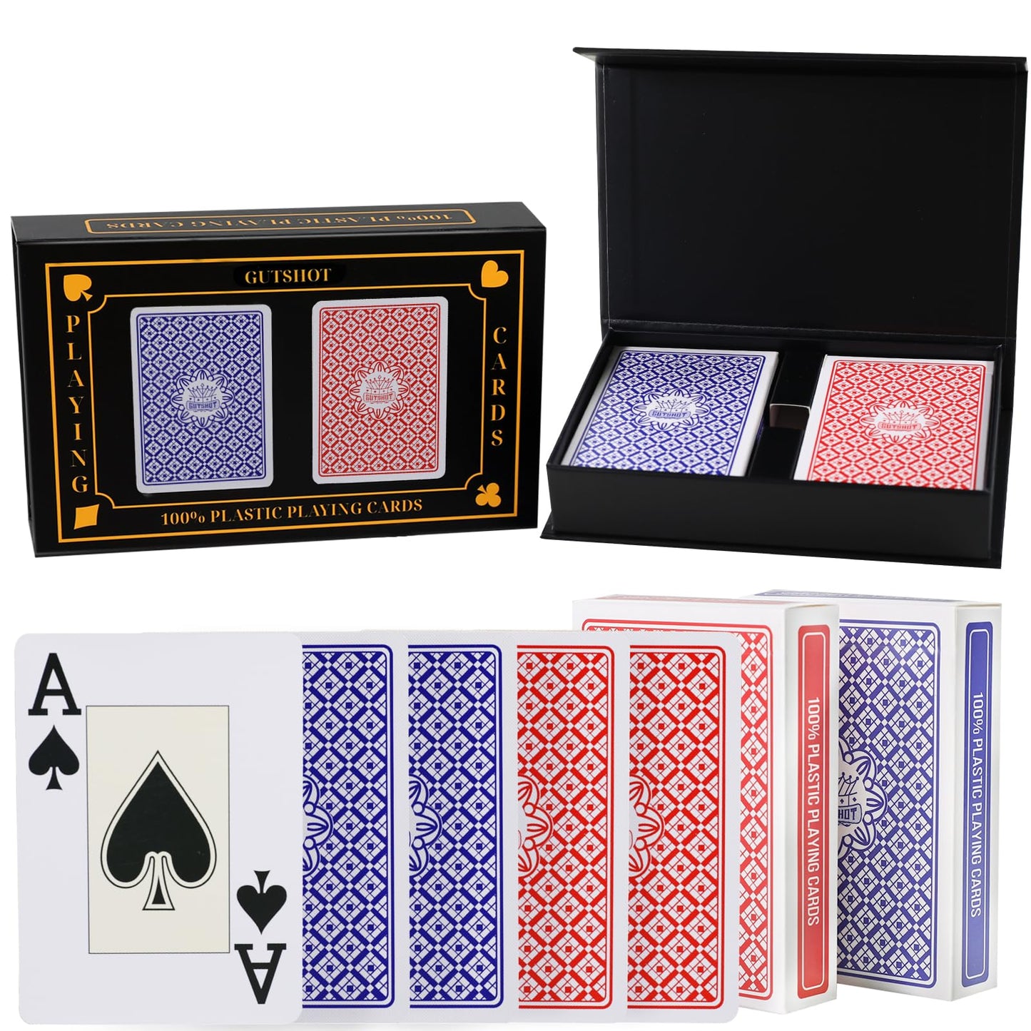 Gutshot Playing Cards, Waterproof Deck Of Cards With Spill-Proof Design, Great For Party, Game And Magic, Pack Of 2 (Blue & Red)