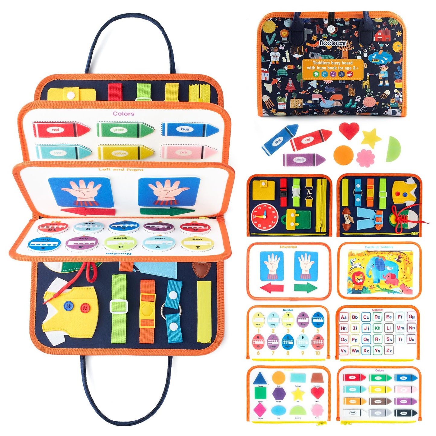 Freebear Busy Board, Toddler Travel Toys, Sensory Toys For Toddlers 2 3 4, Montessori Learning Toys For Toddlers Activities Board, Educational Toys For 2 3 Year Old Boys Girls Gift, Dark Blue Medium