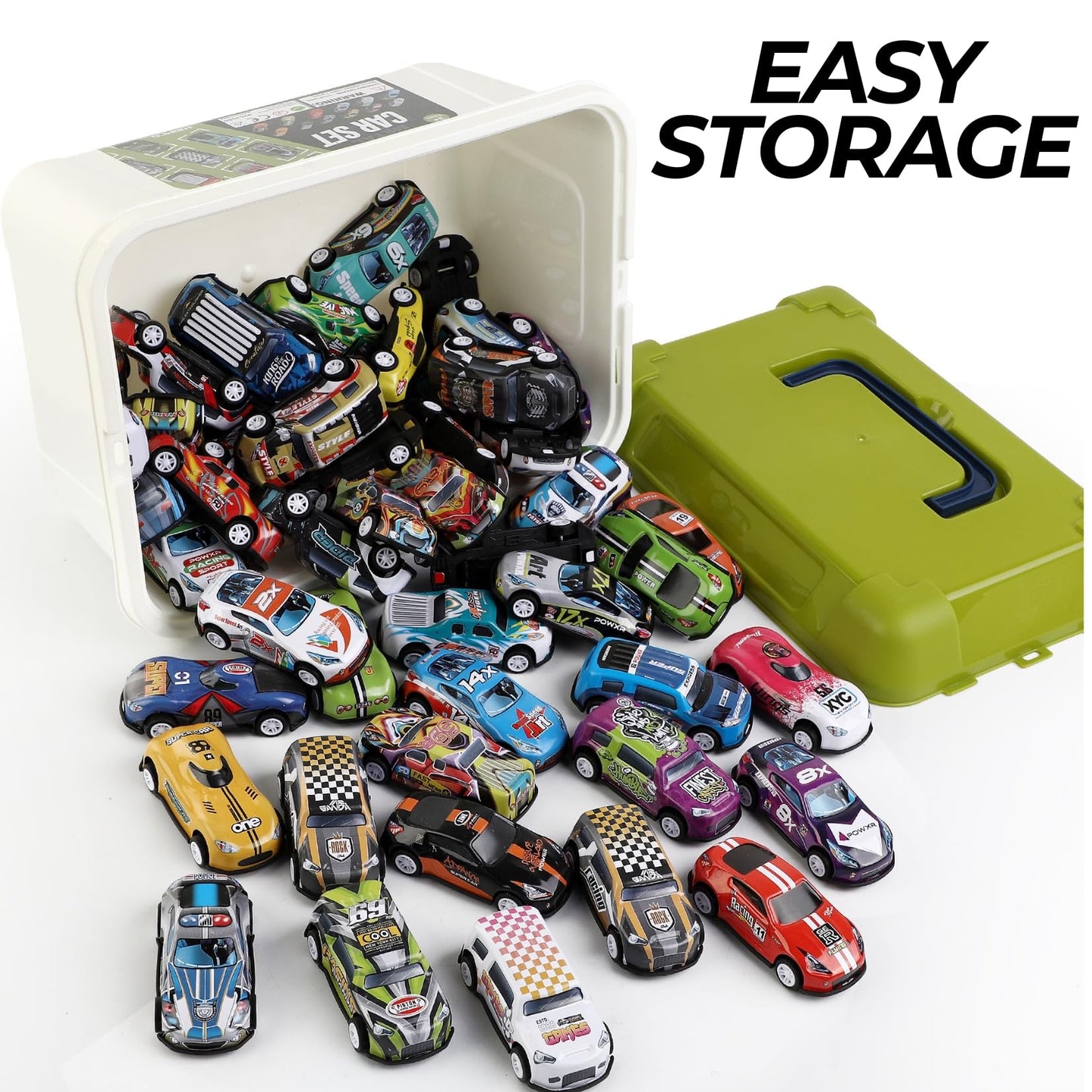 Liberty Imports 50-Pack Pull Back Cars, 1:64 Scale Metal Mini Race Vehicles in Storage Bucket - Party Favors & Classroom Prizes