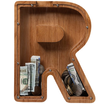 Ladenk Large Wooden Kids Letter Piggy Bank - Piggy Bank For Boys Girls - Alphabet Money Bank With Initial R - Coin Bank For Birt