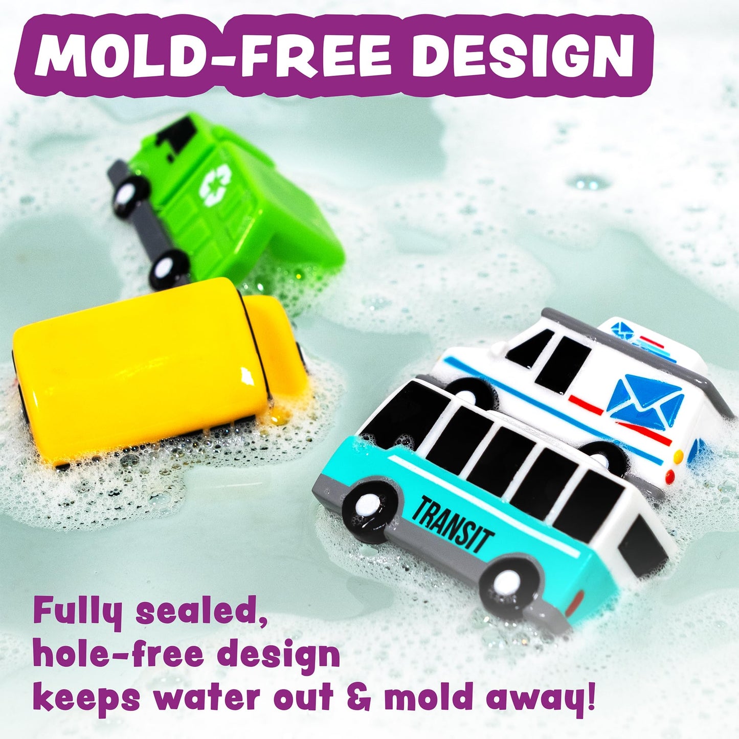 Tub Works Vehicles Bath Cars Mold Free Bath Toys, 6 Pack | Sealed, No Hole Bath Toys Design Keeps Moisture Out | Soft, Squeezabl