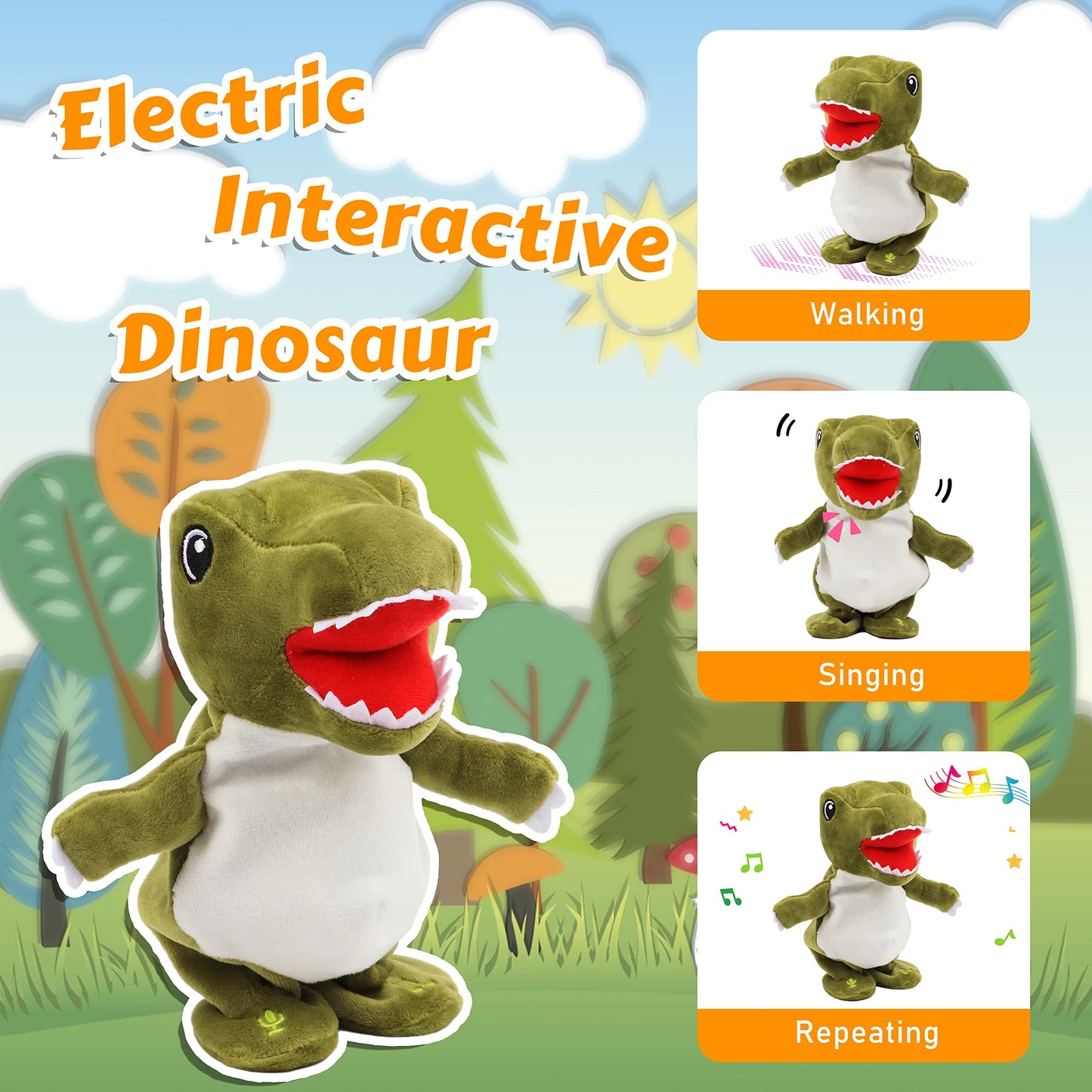 Easfan Talking Dinosaur Toy Repeats What You Say Stuffed Animal Walking Singing Musical Electric Interactive Educational Funny Animated Plush Toy Birthday For Kids Toddlers Green,8’’