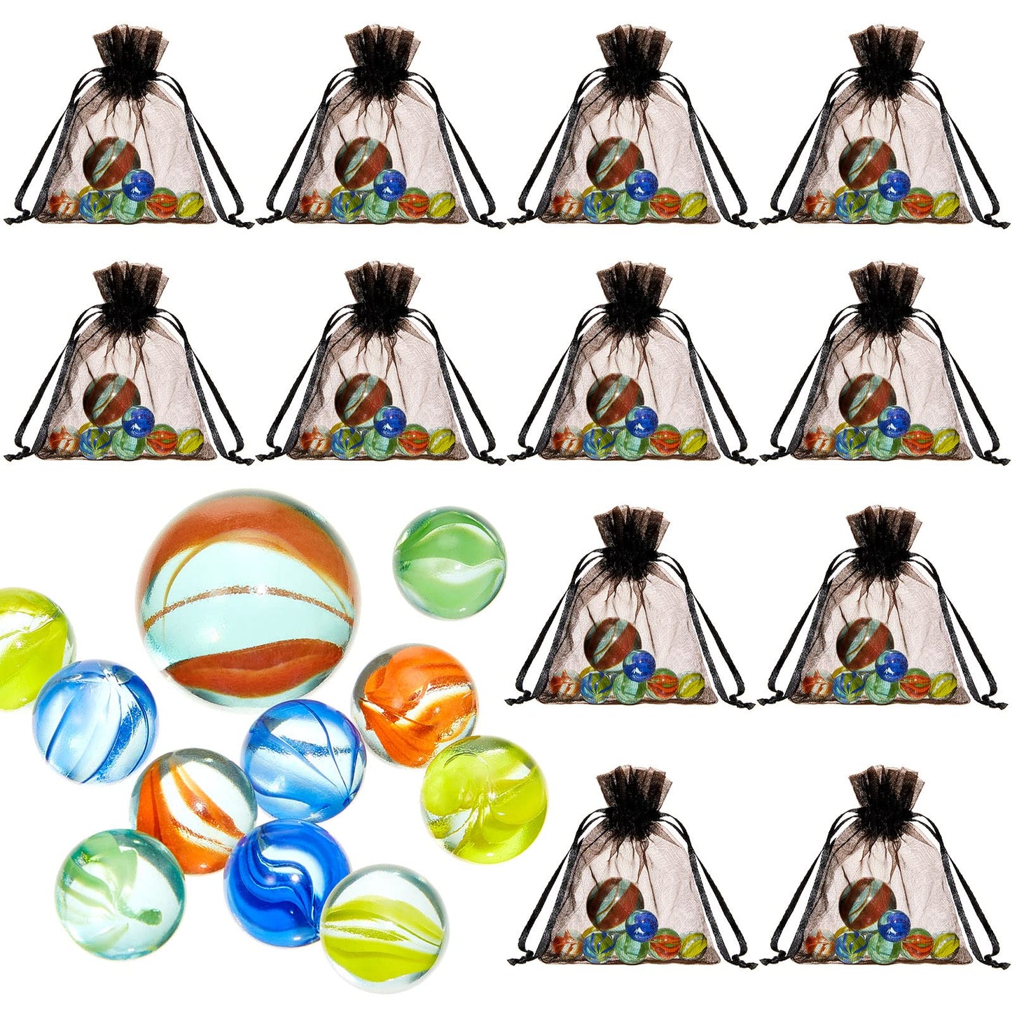 Pack Of 12 Marble Game Sets, Bag Of Marbles Glass Marble Pack Fun Shooter Marbles With Black Drawstring Storage Bag For Indoor A