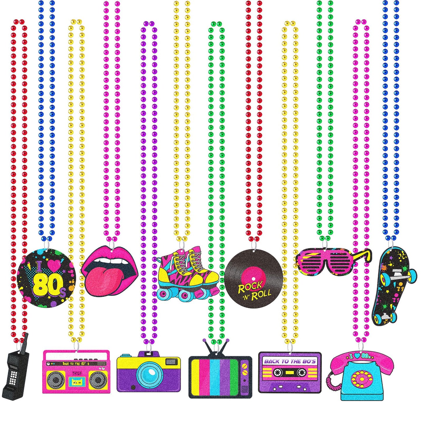 Tigeen 48 Pcs 80s Beaded Necklaces Metallic Neon Beads Retro Glow Party Disco Necklaces Bulk Colorful Rock Music Necklace for Wo