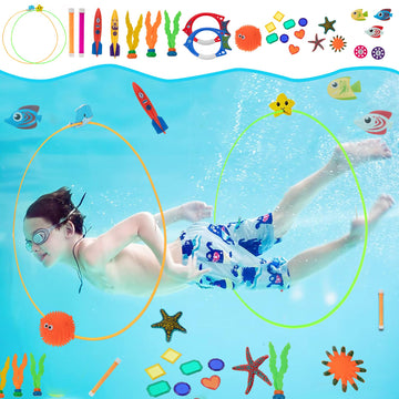 Jazgrom 29Pcs Pool Toys For Kids Ages 4-8 8-12,Diving Toys With Swim Thru Rings Including Dive Gems Diving Sticks Water Pool Par