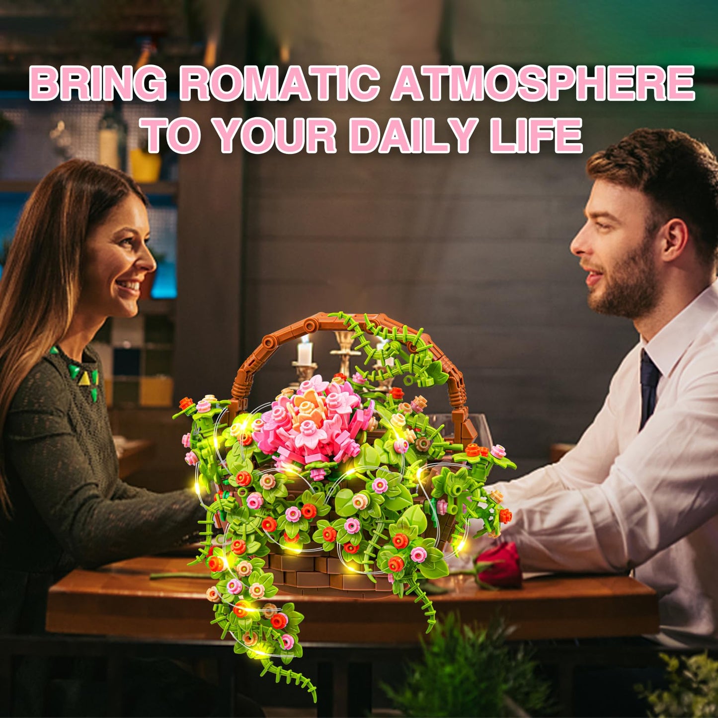 Sathibi Flower Bouquet Building Set, Flowers Basket Bonsai Plants With Led Light, Botanical Collection Wall Decor, Creative Buil