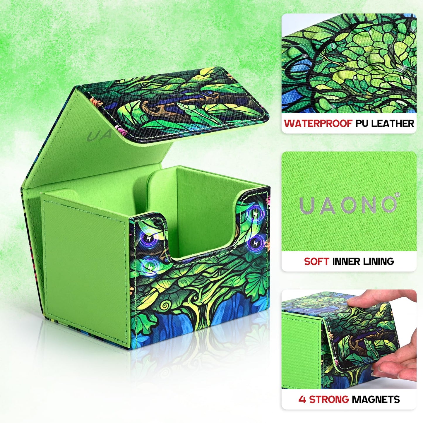 Uaono Card Deck Box For Mtg, Trading Card Storage Box Holds 120+ Sleeved Commander Deck, Pu Leather Card Box Suits Tcg Magic Cards With 2 Dividers (Green,Tree)