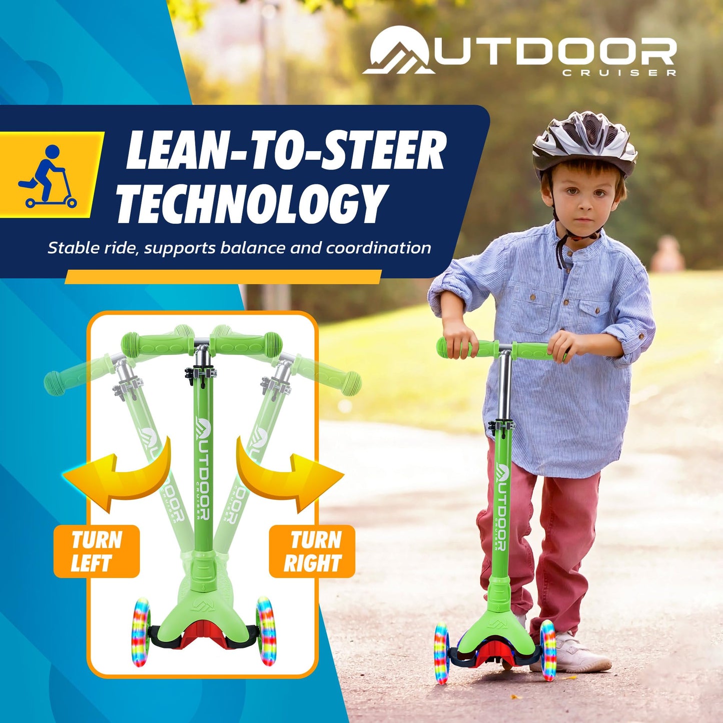 Outdoor Cruiser 3-Wheel Kids Scooter - With Lean-To-Steer Technology, Wide Deck, Led Lighted Wheel, 4-Level Adjustable Height T-