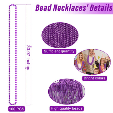 100PCS Mardi Gras Beads, Mardi Gras Beads Party Favors, Purple 33'' Bead Toy Necklaces Costume Bulk, Festival Parade Throw Acces