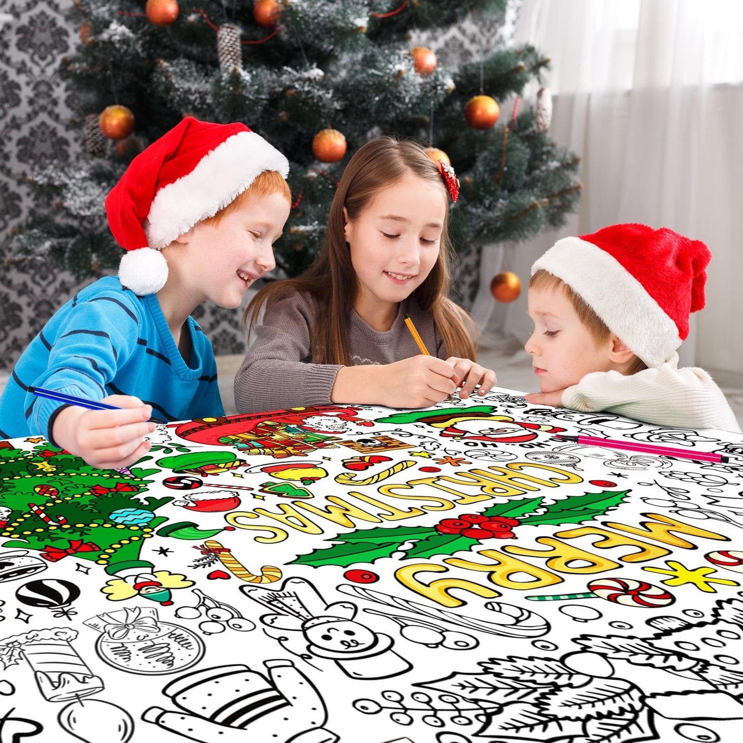 Kvcsyaw Christmas Giant Coloring Poster With 12 Pcs Paint Pens, 39.4 X 31.5 Inch Jumbo Coloring Poster With Tree, Huge Coloring