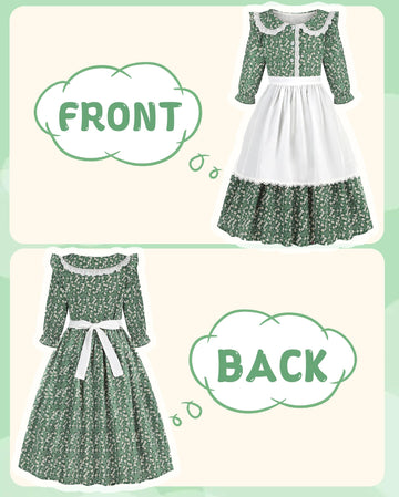 Aoiviss Girls Pioneer Costume Floral Colonial Prairie Dress For Little Kids With Apron And Bonnet, Green