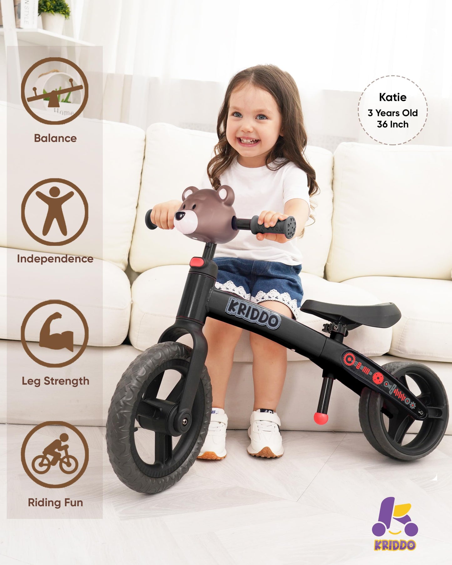 Kriddo Toddler Balance Bike 2 Year Old, Age 24 Months To 5 Years Old, Modern Style, Early Learning Interactive Push Bicycle, Gif