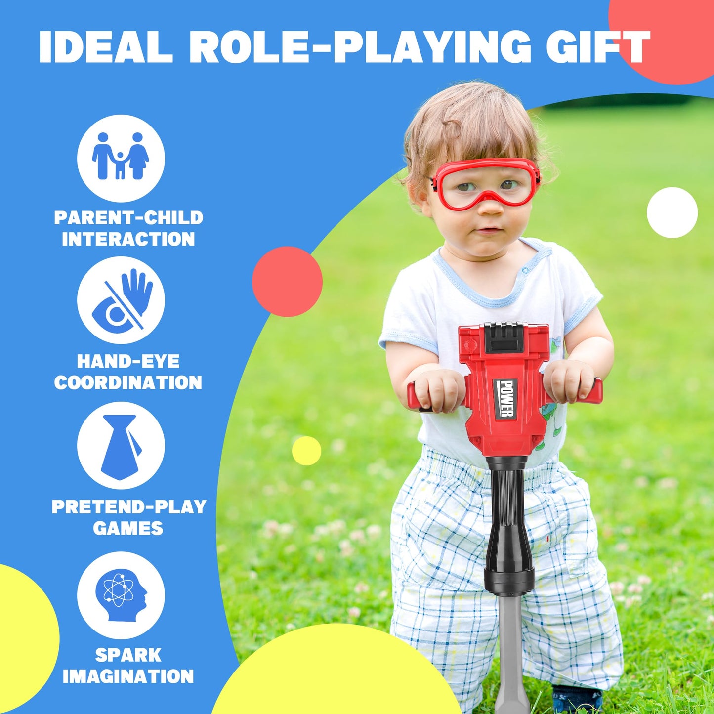 BELLOCHIDDO Kids Jackhammer Toy Drill - Kids Power Tools with Realistic Sound & Action - Toddler Construction Tools with Mask, S