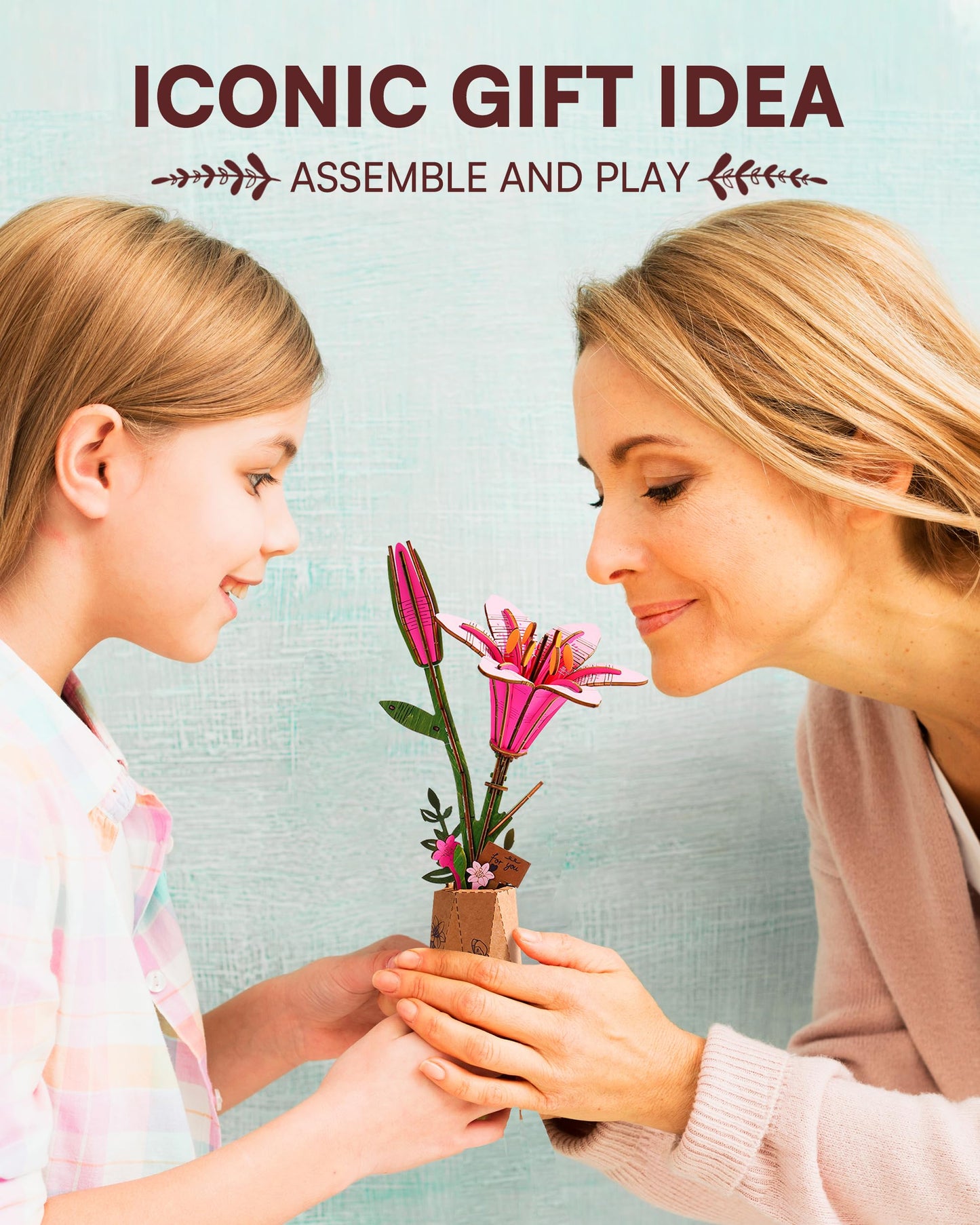 Wowood 3D Flower Wooden Puzzles For Adults-Pink Lily, Diy Wooden Flowers Model Kit Building Set Crafts For Adults To Build, Bota