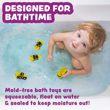 Tub Works® Construction™ Trucks Bath Toys, 6 Pack - Mold Free, Soft & Squeezable, Float on Water - Ideal for Babies & Toddlers, Yellow