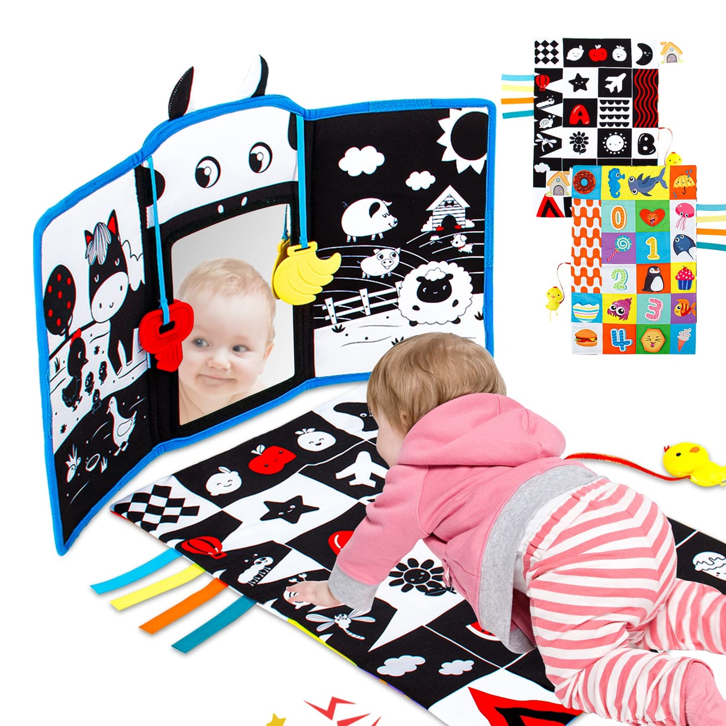 Teytoy Tummy Time Mirror Infant Toys Newborn Toys 0-3 Months Black And White High Contrast Pattern, Tummy Time Mat With Crinkle Paper, Baby Teether For 4 6 9 12 Month Crinkle Sensory Development Toys