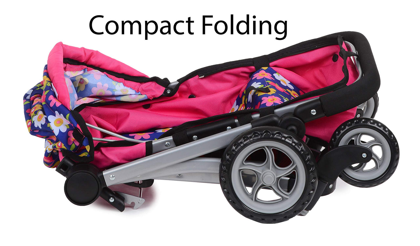 Fash N Kolor | Foldable Pram For Baby Doll With Flower Design With Swiveling Wheel Adjustable Handle Bassinet Stroller With Baby