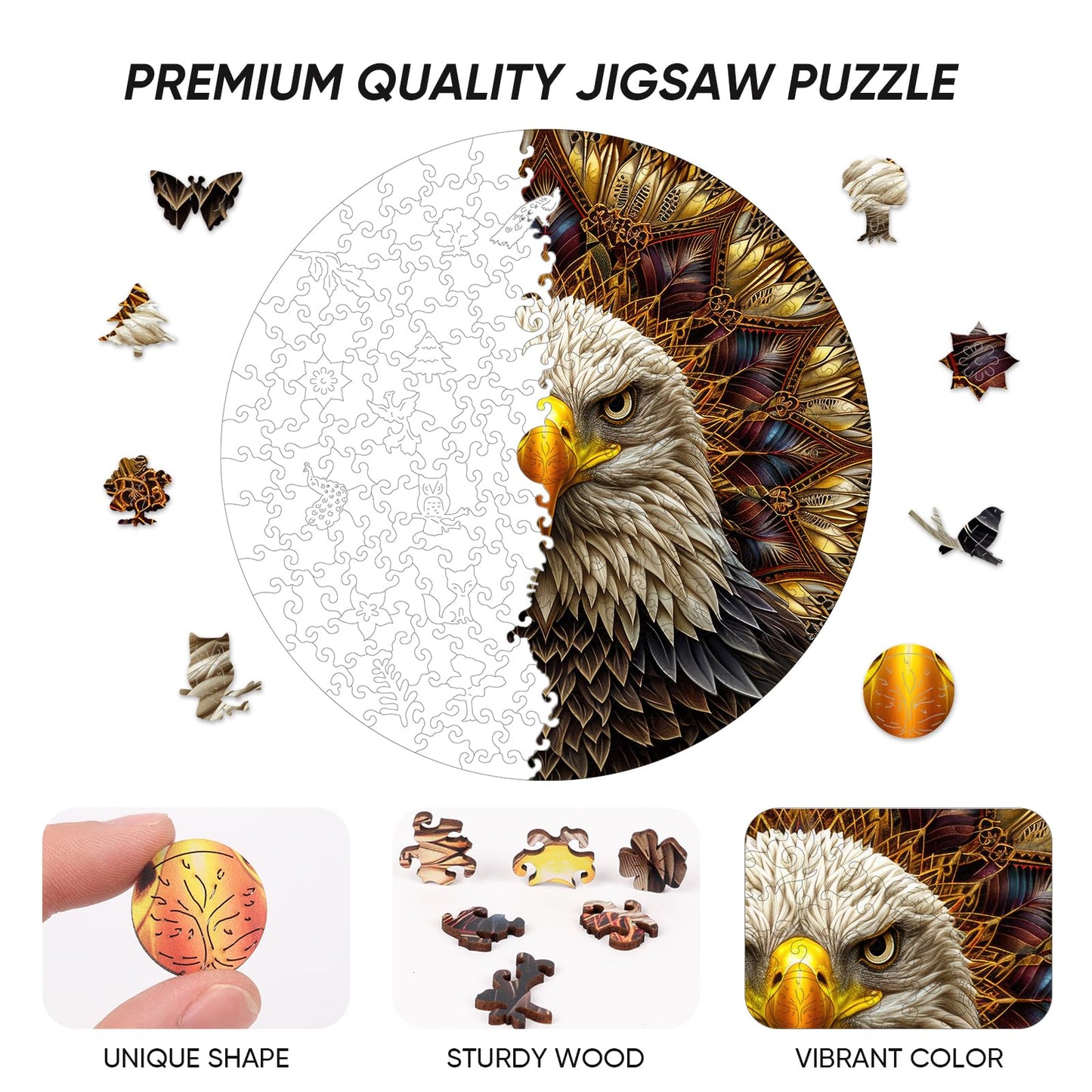 Bald Eagle Wooden Puzzle for Adults 500 Piece, Mandala Wooden Jigsaw Puzzles, Inspiring Puzzle, Beautiful Wooden Puzzle with Box