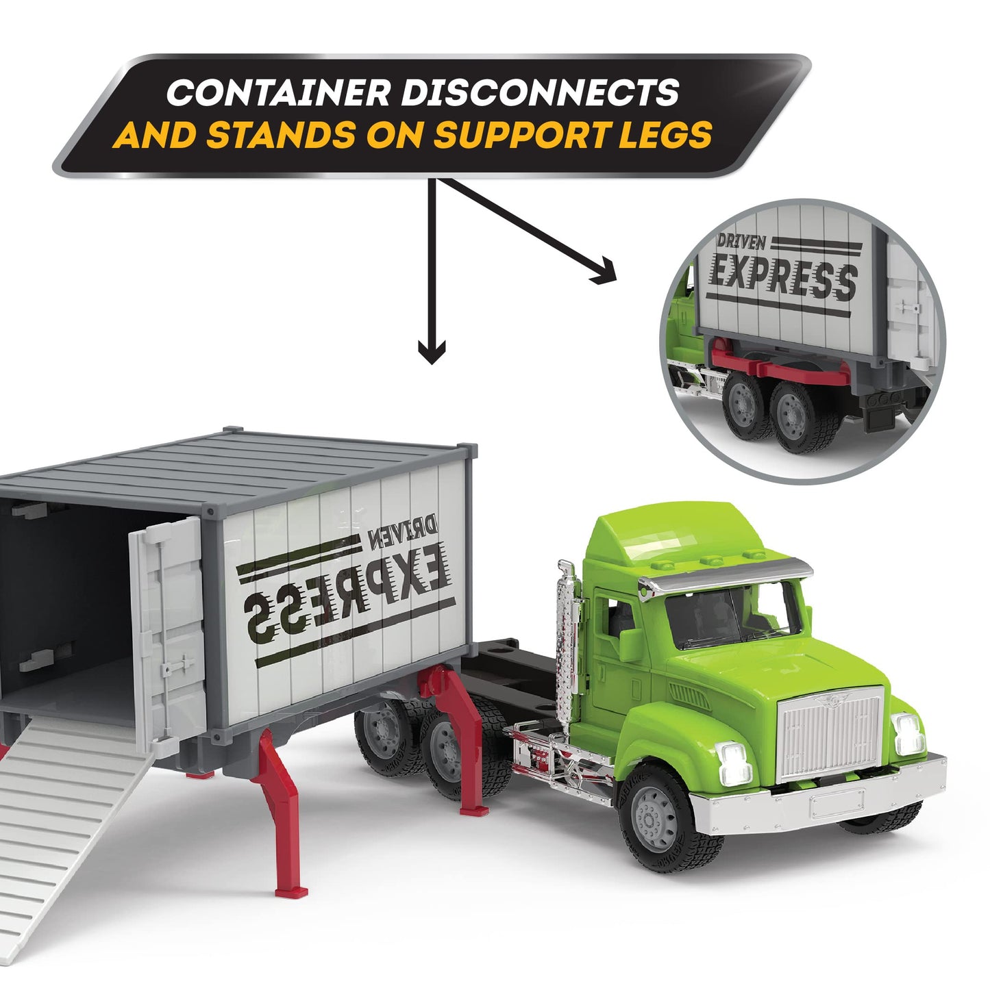 Driven by Battat Toy Container Truck with Lights & Sounds, Green, Model WH1211C6Z, Realistic Movable Parts, for Kids 3 Years +