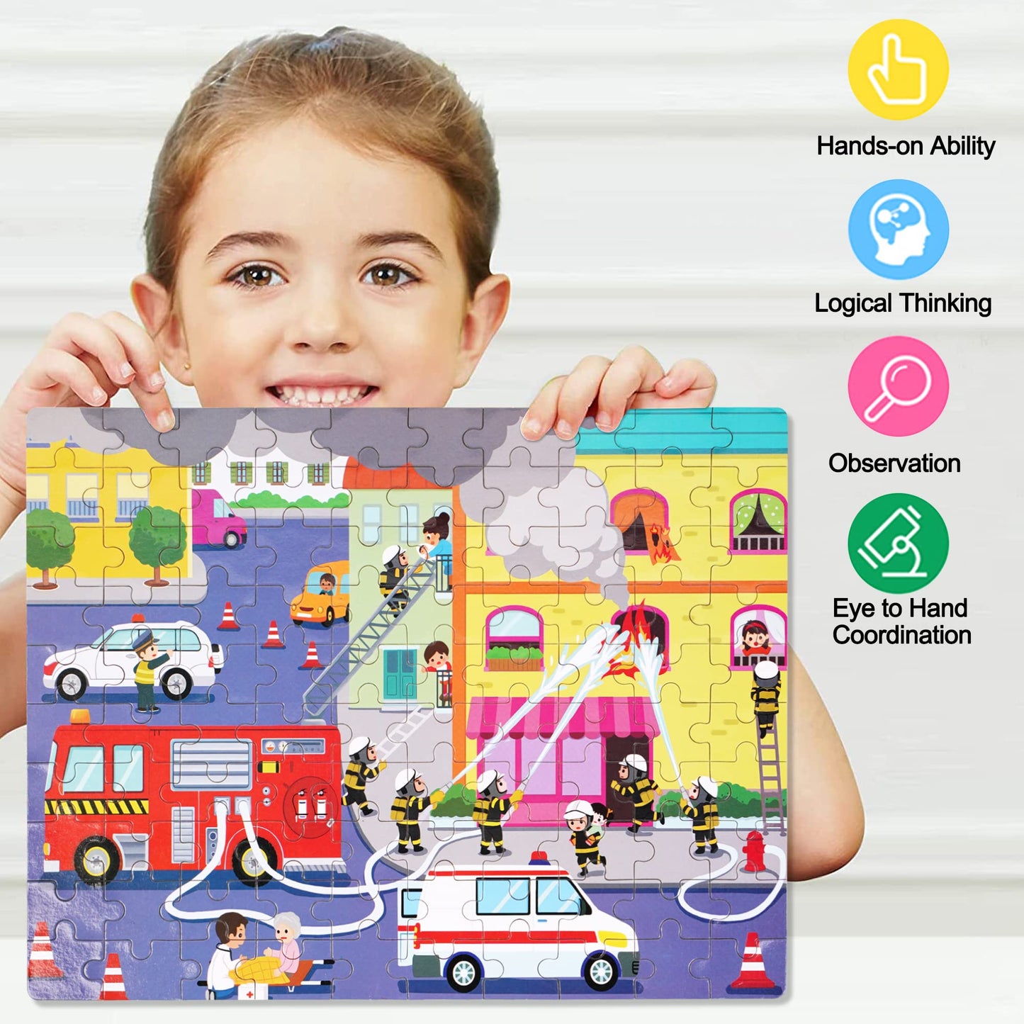 Lelemon 100 Pieces Jigsaw Puzzles In A Metal Box For Kids Age For 4-8 Boys Girls Toy Puzzles Fire Truck Ambulance Police Car Fireman Children Learning Educational Puzzles Toys