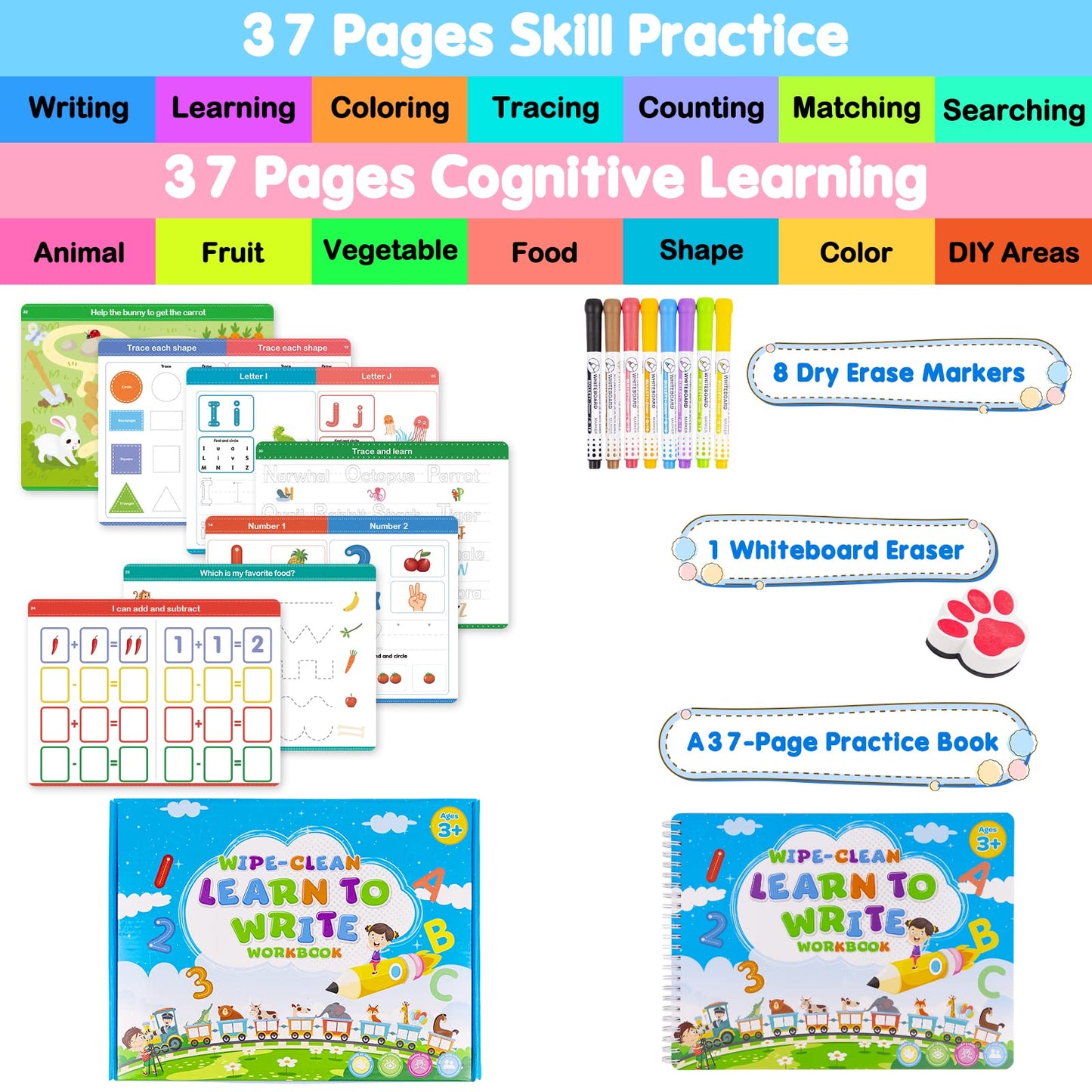 Toddlers Toys For 3+ 4 5 6 7 8 Year Old Boys Girls - Handwriting Practice Books Kindergarten Workbooks - Montessori Learning Toy