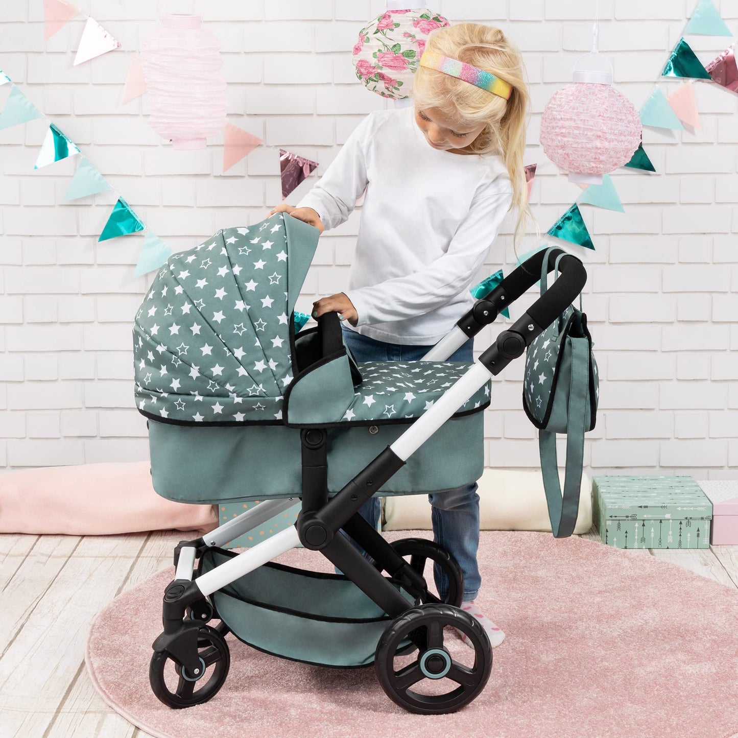 Bayer Design Dolls: Pram Xeo: Stars Green & White - Matching Handbag, Adjustable Handle, For Dolls Up To 20'', Ages 3+
