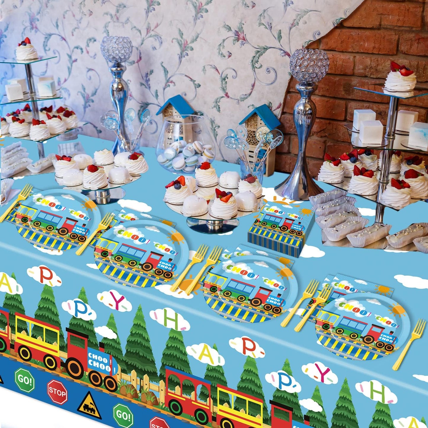 Gisgfim Train Birthday Party Supplies Train Theme Party Tableware Includes Train Party Plates Napkins Fork And Train Theme Table