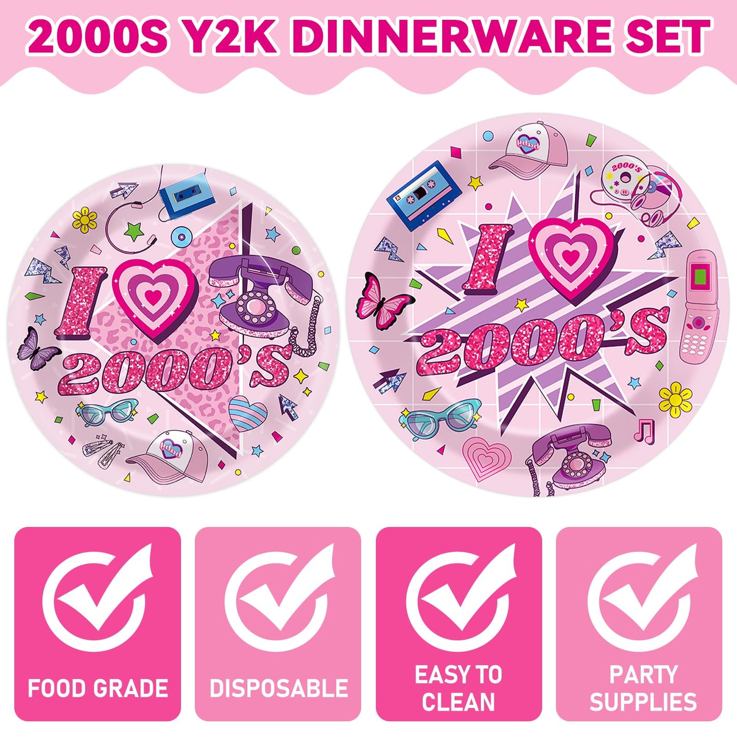 Qyeahkj 100Pcs 2000S Party Supplies Pink Y2K Party Paper Plates And Napkins Disposable 2000S Theme Party Tableware Dinnerware Se