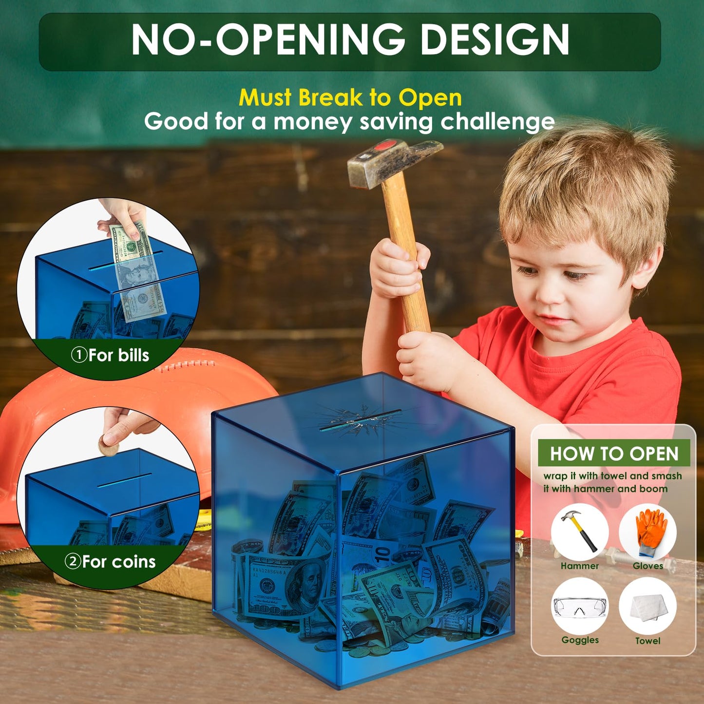 Piggy Bank For Adults Must Break To Open, Vcertcpl Acrylic Clear Piggy Bank Money Saving Box For Cash Saving, Unopenable Adults