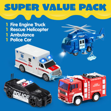 JOYIN 4 Packs Emergency Vehicle Toy Playsets, Friction Powered Vehicles with Light and Sound, Including Fire Truck, Ambulance, P