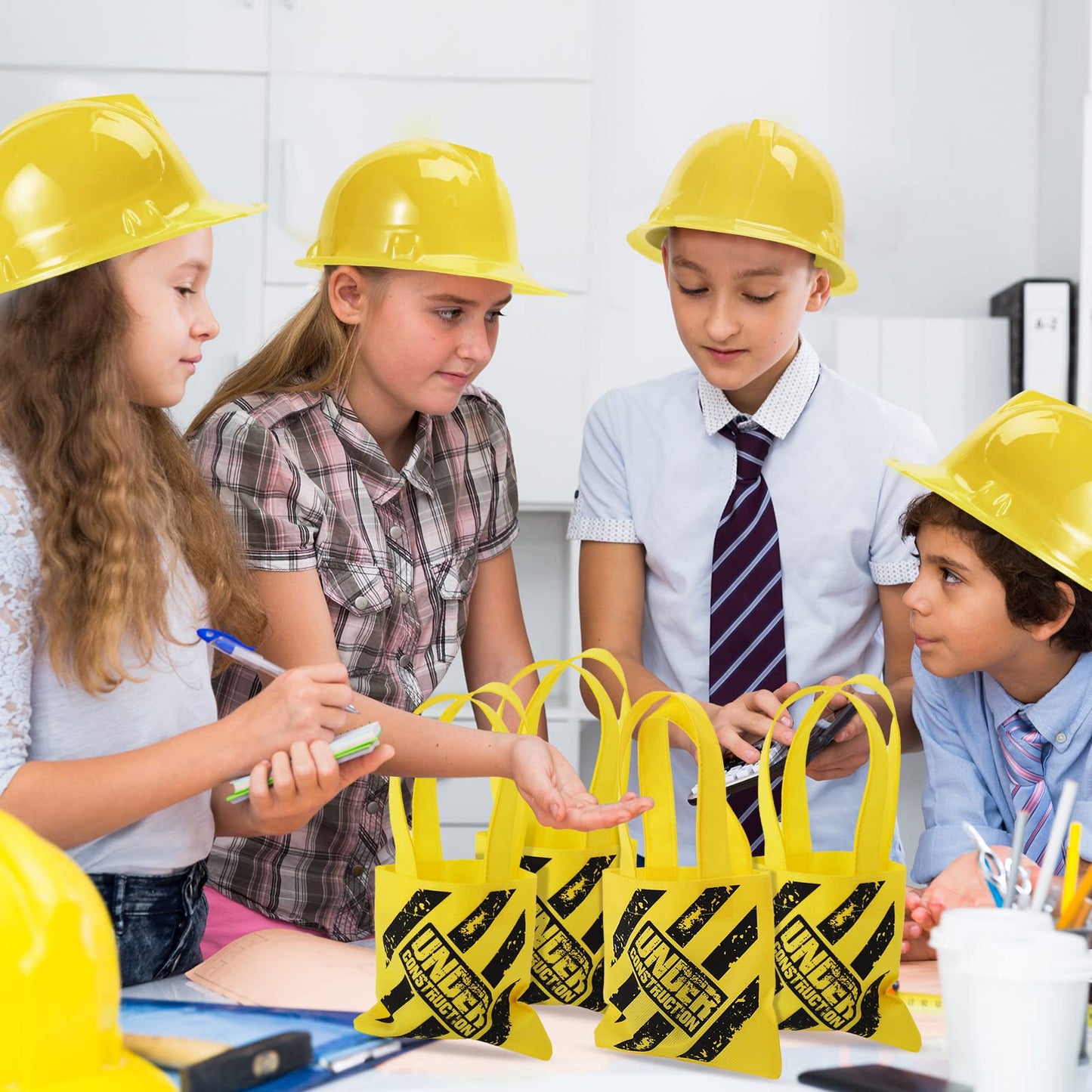 Geyoga 48 Pieces Construction Birthday Party Supplies Construction Party Favor Kids Construction Vest Hat And Bag Costume(Orange, Yellow)