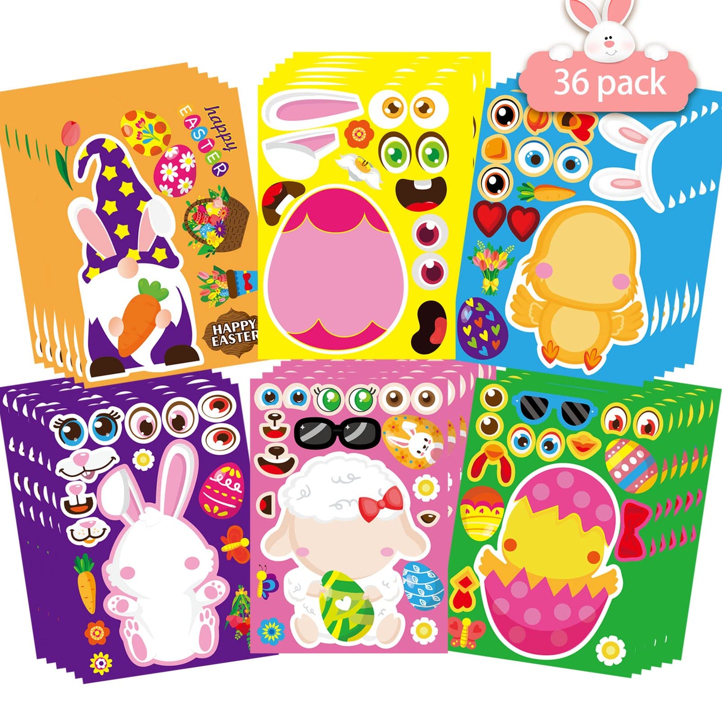 36 Sheet Easter Stickers For Kids,Easter Basket Stuffers,Make A Face Easter Stickers With Easter Animal Egg Themed,Make Your Own