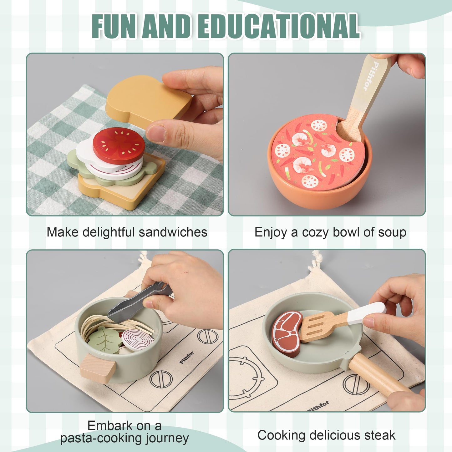 Pithfor Wooden Play Cooking Set, Pretend Play Kitchen Accessories Toys Set for Kids Toddlers, Including Play Dishes, Pot and Pan