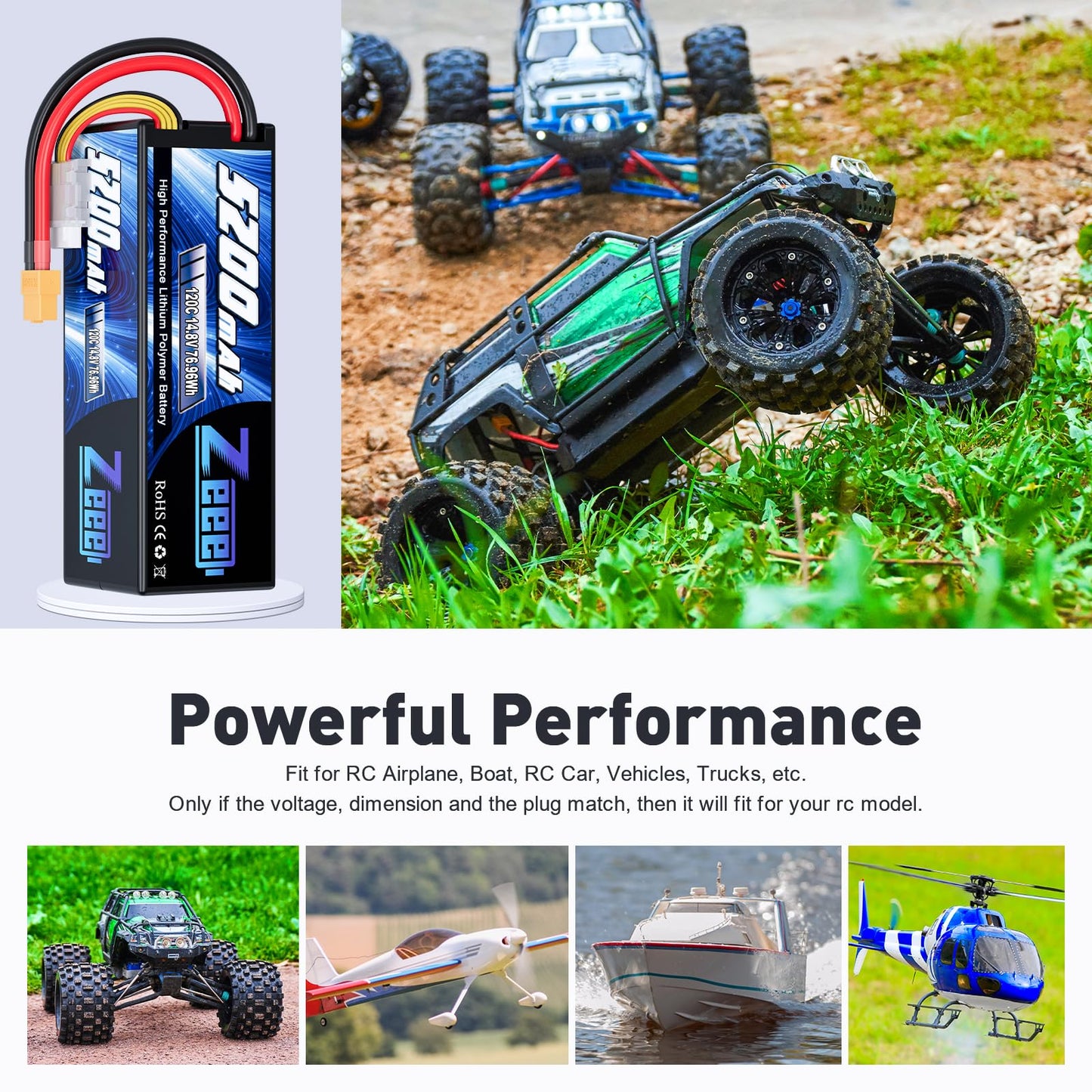 Zeee 4S Lipo Battery 5200mAh 14.8V 120C Hard Case RC Battery with XT60 Plug for RC Car Truck Vehicles RC Buggy Truggy 1/10 Scale