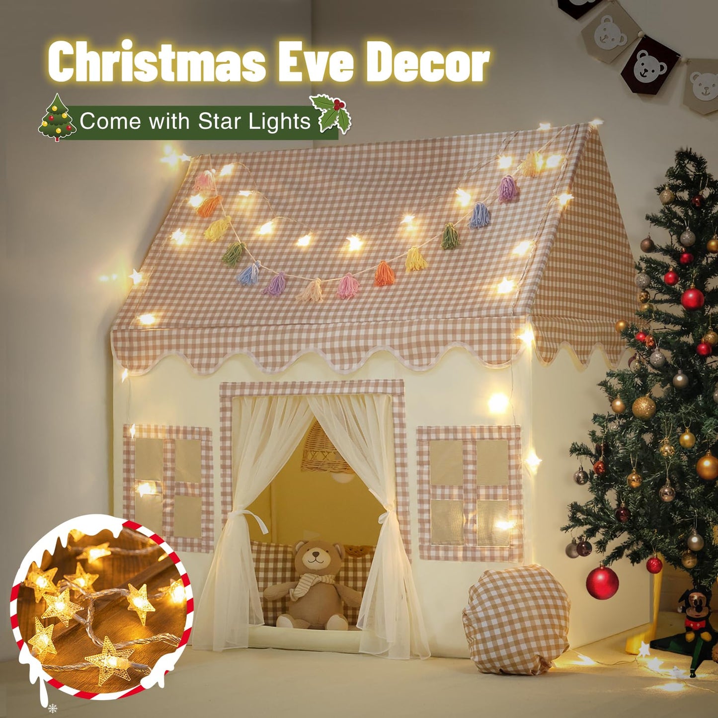Senodeer Kids Play Tent Indoor: With Brown Checkered, Mat, Rainbow Tissue Garland, Star Lights - Toddler Girl Tent Indoor Playho