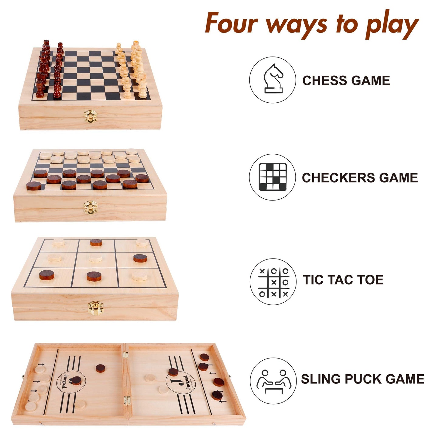 Juegoal 4-In-1 Wooden Fast Sling Puck Set For Kids And Adults, Chess, Checkers, Tic Tac Toe Games, Travel Portable Folding Tabletop Chess Board Game Sets, Interactive Families Toys