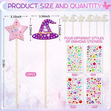 Juexica 12 Pcs Fairy Wands Kit Including 6 Unfinished Wood Star Wands, 6 Witch Hat Sticks and 4 Sheets Gem Stickers for Witch an