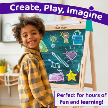 Blue Squid Art Easel for Kids Including 100+ Accessories - Double Sided Adjustable Wooden Painting Easel with Magnetic Chalk Boa