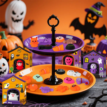 CY2SIDE 24 Pack Halloween Squishy Toys with Haunted House Gift Box and Raffia Filler for Kid Halloween Miniature Novelty Toy Trick or Treat Goodie Bag Stuffed Party Favor for School Reward Supplies