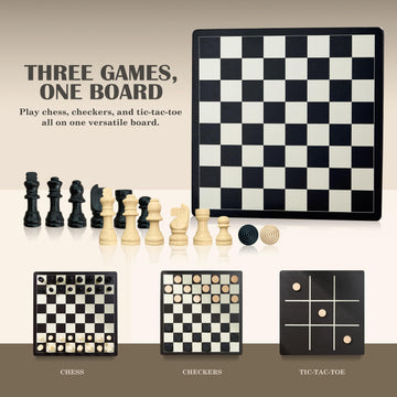 3 In 1 Chess, Checkers And Tic-Tac-Toe Set - Wooden Chess Set, Double-Sided 11'' Game Board With Extra Queens - Fun Family Chess